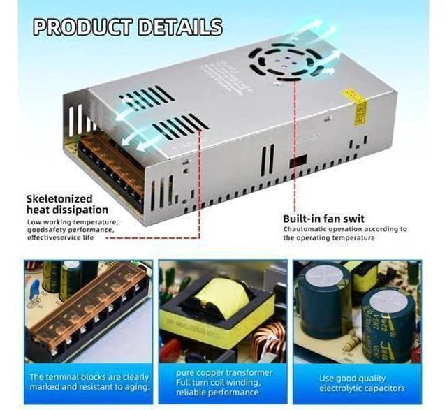 Alt view image 3 of 7 - 110V AC to 12V DC Transformer, 12V 500W 40A Switching Power Converter, Built-in Cooling Fan, with Various Power adapters.
