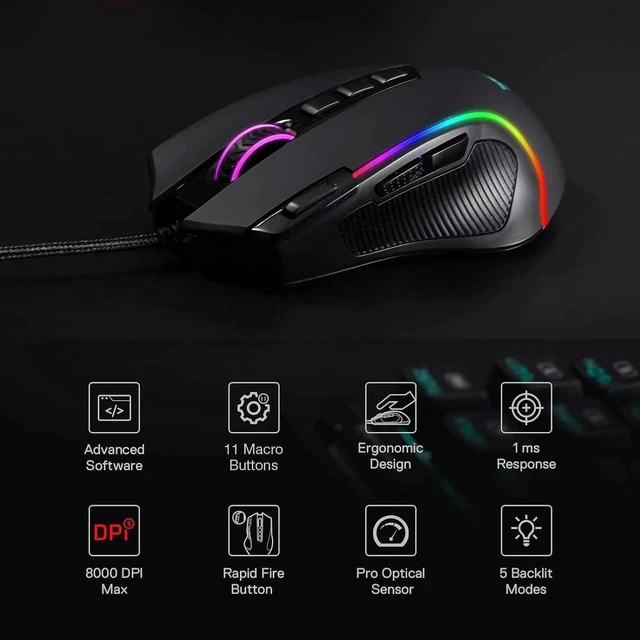 Alt view image 3 of 7 - M612 Predator RGB Gaming Mouse, 8000 DPI Wired Optical Gamer Mouse with 11 Programmable Buttons & 5 Backlit Modes, Software Supports DIY Keybinds Rapid Fire Button