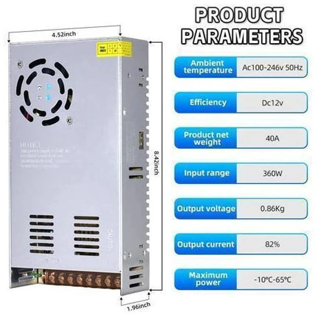 Alt view image 5 of 7 - 110V AC to 12V DC Transformer, 12V 500W 40A Switching Power Converter, Built-in Cooling Fan, with Various Power adapters.