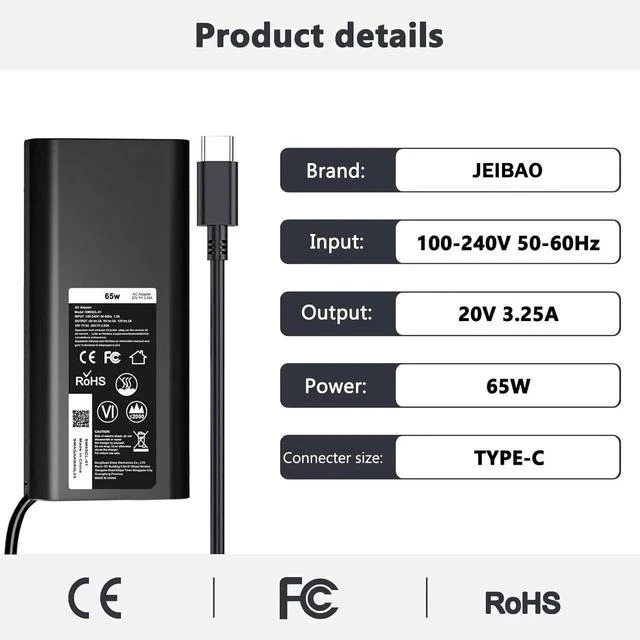 Alt view image 2 of 7 - 65W 45W USB-C Laptop Charger Compatible with Latitude 5530 5420 5430 5520 5540 7430 7420 7440 7340 7530 7330 7320 XPS 13 9250 9360 9365 9370 9380 9350 9550 Adapter Power Cord