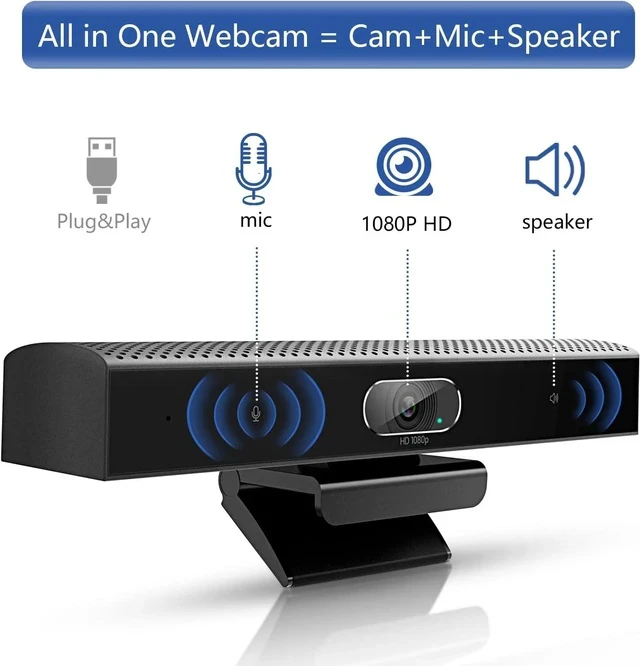 Alt view image 2 of 7 - Conference Room Camera, 3-in-1, 1080p Full HD Webcam with Microphone and Speaker, USB Plug and Play, Wide Angle Video Conference Camera for Desktop, Laptop, Mac, PC (Black)