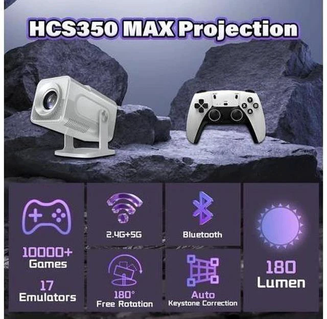 Alt view image 2 of 7 - HCS350 Max Smart Portable projector,10000+ Games,17 emulator Projectors with WIFI & Bluetooth,180° Free Projection,Autofocus,180 Lumens,1280*720P with 2 Wireless Controller,Android 11,for Camping