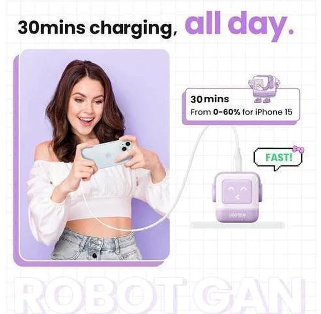 Alt view image 3 of 7 - UGREEN RG 30W USB C Charger, Nexode Robot GaN Fast Charger Block, Compact Wall Charger Power Adapter for iPhone 15 Pro Max/14/13, Galaxy S23 Ultra, Pixel 7 Pro, MacBook Air, iPad Pro (Purple)
