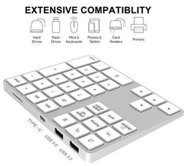 Alt view image 2 of 7 - Wireless Number Keyboard 34-Keys Numeric Keypad + USB Type-C Hub Bluetooth Numeric Keypad,Rechargeable Wireless Number Pad Slim External Numpad Keyboard Data Entry, for Windows, OS, Android(Silver)
