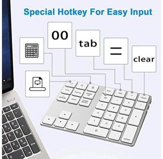 Alt view image 5 of 7 - Wireless Number Keyboard 34-Keys Numeric Keypad + USB Type-C Hub Bluetooth Numeric Keypad,Rechargeable Wireless Number Pad Slim External Numpad Keyboard Data Entry, for Windows, OS, Android(Silver)