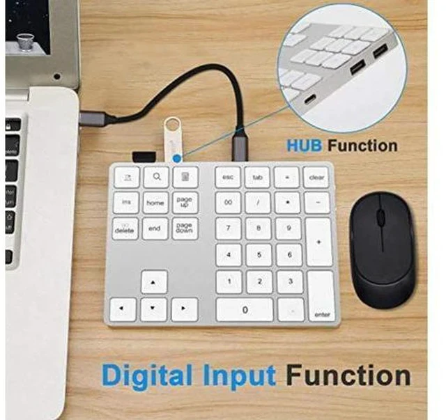 Alt view image 4 of 7 - Wireless Number Keyboard 34-Keys Numeric Keypad + USB Type-C Hub Bluetooth Numeric Keypad,Rechargeable Wireless Number Pad Slim External Numpad Keyboard Data Entry, for Windows, OS, Android(Silver)
