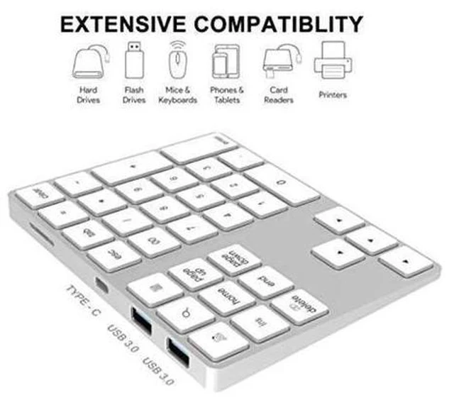Alt view image 7 of 7 - Wireless Number Keyboard 34-Keys Numeric Keypad + USB Type-C Hub Bluetooth Numeric Keypad,Rechargeable Wireless Number Pad Slim External Numpad Keyboard Data Entry, for Windows, OS, Android(Silver)