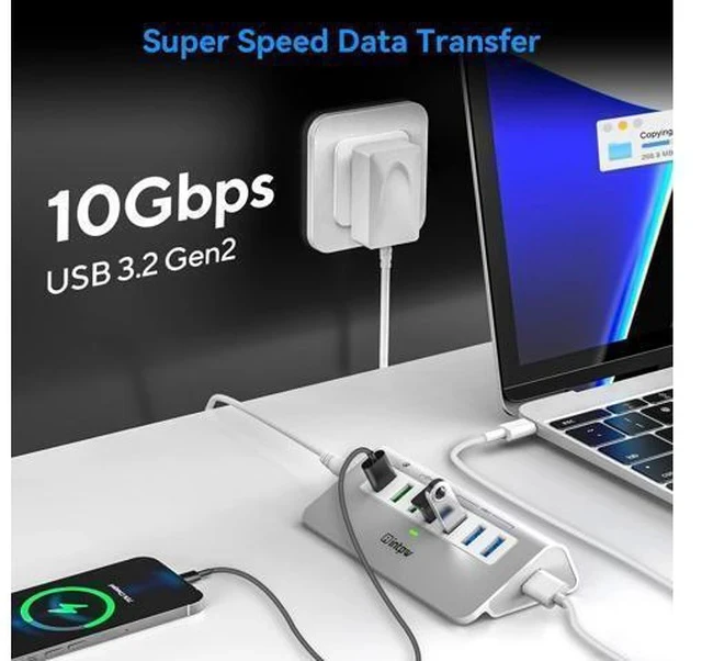 Alt view image 2 of 7 - Powered USB 3.2 Hub 10Gbps,7 Port USB Data Hub USB Splitter with 4 USB 3.2 Gen2 Data Ports,3 Fast Charging Ports,30W Power Adapter,Type A & C Cable, Aluminum Powered USB C Hub for Computer,PC,Laptop