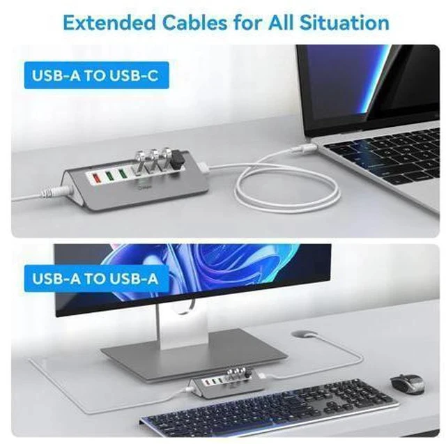 Alt view image 4 of 7 - Powered USB 3.2 Hub 10Gbps,7 Port USB Data Hub USB Splitter with 4 USB 3.2 Gen2 Data Ports,3 Fast Charging Ports,30W Power Adapter,Type A & C Cable, Aluminum Powered USB C Hub for Computer,PC,Laptop