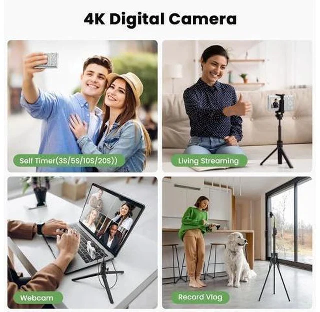 Alt view image 2 of 7 - 4K Digital Camera 64MP Auto Focus Video Camera with 32GB Card 18X Zoom 2 Batteries Compact Vlog Camera for Beginner Student Kids Teen Black