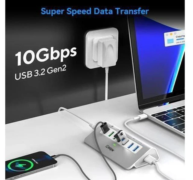 Alt view image 7 of 7 - Powered USB 3.2 Hub 10Gbps,7 Port USB Data Hub USB Splitter with 4 USB 3.2 Gen2 Data Ports,3 Fast Charging Ports,30W Power Adapter,Type A & C Cable, Aluminum Powered USB C Hub for Computer,PC,Laptop