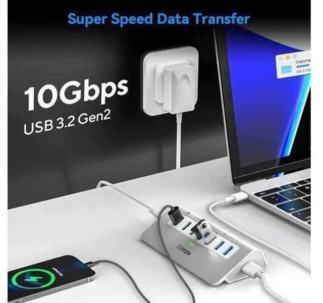 Alt view image 2 of 7 - Powered USB 3.2 Hub 10Gbps,7 Port USB Data Hub USB Splitter with 4 USB 3.2 Gen2 Data Ports,3 Fast Charging Ports,30W Power Adapter,Type A & C Cable, Aluminum Powered USB C Hub for Computer,PC,Laptop