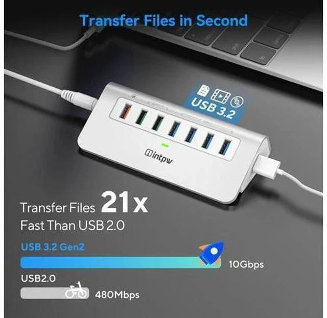 Alt view image 3 of 7 - Powered USB 3.2 Hub 10Gbps,7 Port USB Data Hub USB Splitter with 4 USB 3.2 Gen2 Data Ports,3 Fast Charging Ports,30W Power Adapter,Type A & C Cable, Aluminum Powered USB C Hub for Computer,PC,Laptop