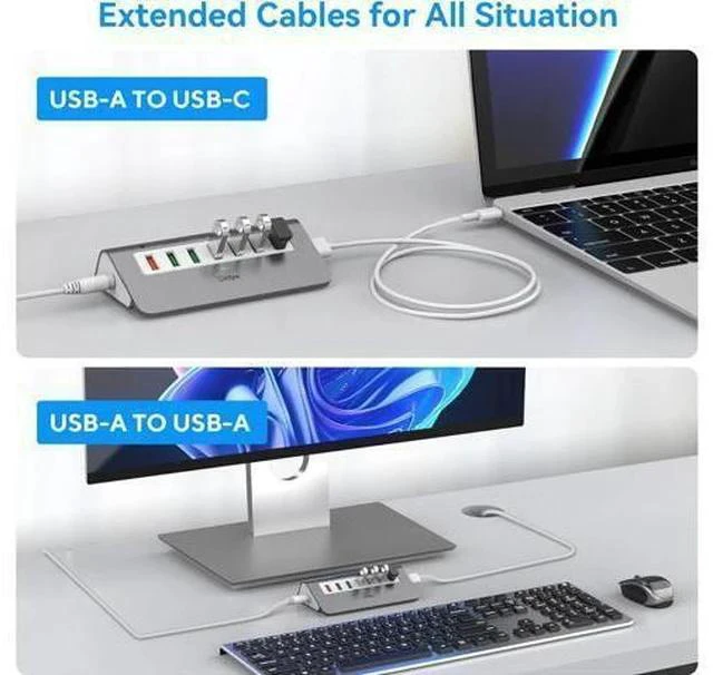 Alt view image 4 of 7 - Powered USB 3.2 Hub 10Gbps,7 Port USB Data Hub USB Splitter with 4 USB 3.2 Gen2 Data Ports,3 Fast Charging Ports,30W Power Adapter,Type A & C Cable, Aluminum Powered USB C Hub for Computer,PC,Laptop