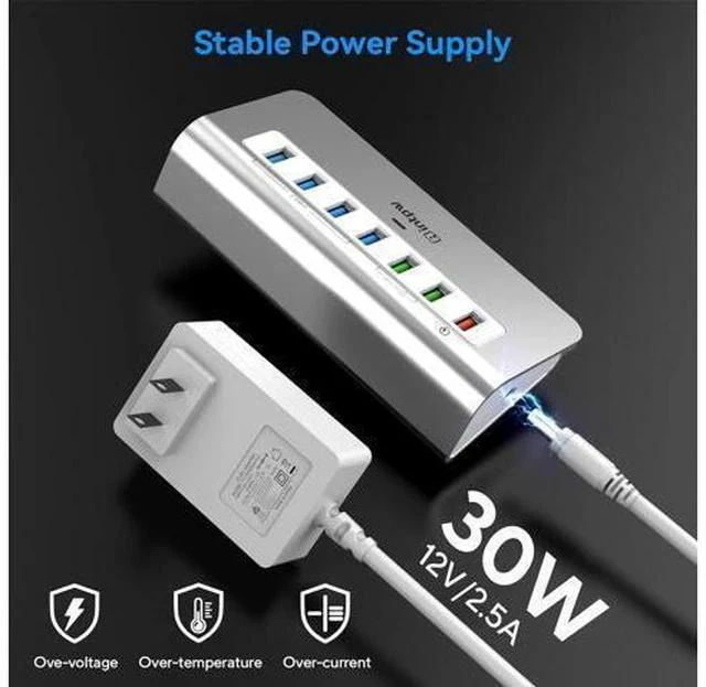 Alt view image 6 of 7 - Powered USB 3.2 Hub 10Gbps,7 Port USB Data Hub USB Splitter with 4 USB 3.2 Gen2 Data Ports,3 Fast Charging Ports,30W Power Adapter,Type A & C Cable, Aluminum Powered USB C Hub for Computer,PC,Laptop