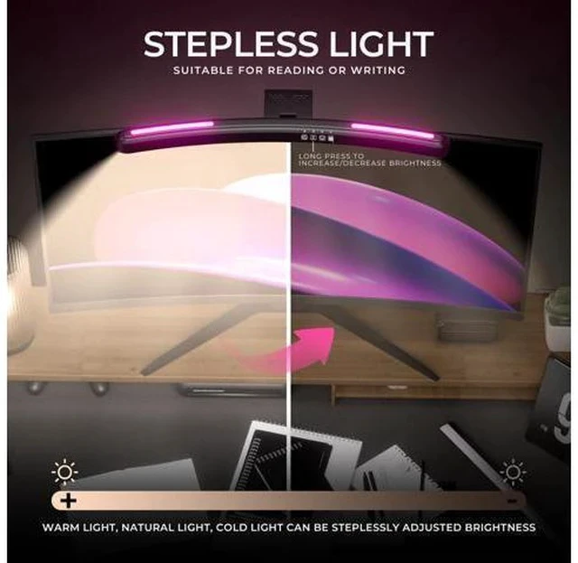 Alt view image 4 of 5 - Geisofu Monitor Light Bar Curved with RGB Backlight,Computer Screen Lamp for Eye Caring,Dual Light Source with Touch Control Timed Computer Light Bar,Gaming Accessories for Home Office Game