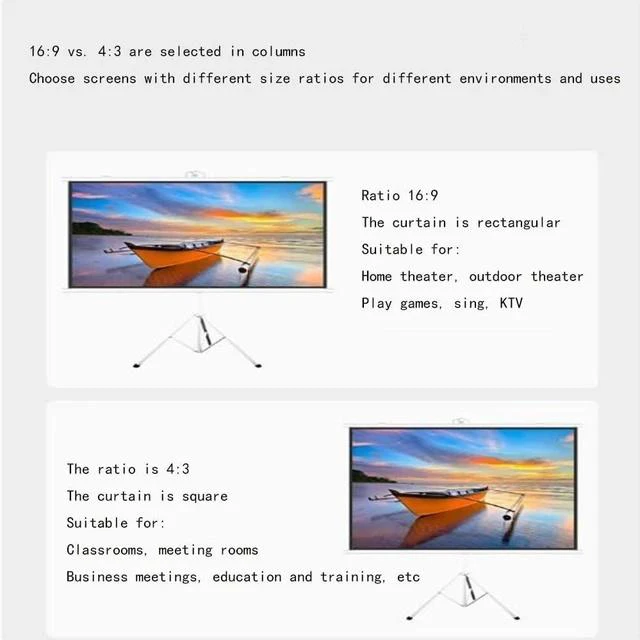 Alt view image 4 of 7 - Projector Screen Tripod Stand 16:9/4:3 4K Movie Screen Wall/Ceiling Mount Portable Foldable Anti-Crease Projector Screen Adjustable Screen Height