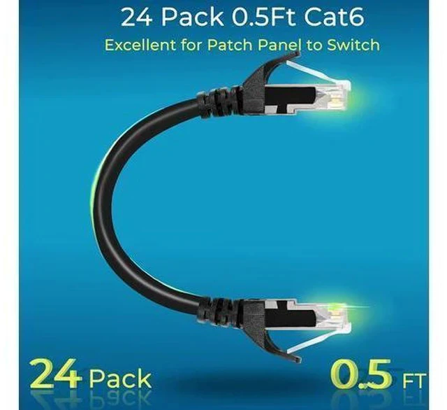 Alt view image 2 of 7 - Patch Cables Cat6 0.5ft 24 Pack,Ethernet Patch Cable 10G, Cat 6 Patch Cable for Patch Panel to Switch, Flexiable Cat 6 Ethernet Cable with Gold Plated Black