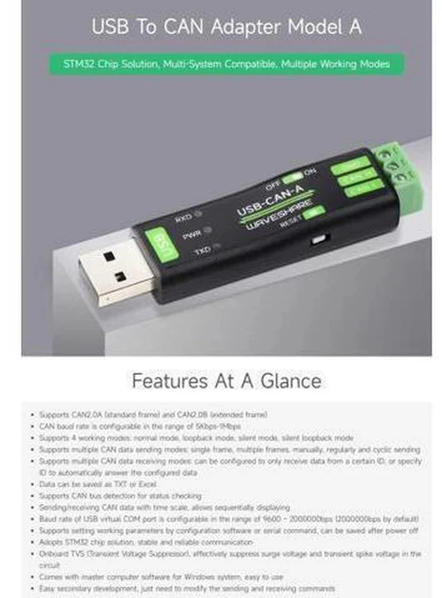 Alt view image 3 of 5 - 2PCS Waveshare USB to CAN Adapter Model A, STM32 Chip Solution, Multiple Working Modes, Multi-System Compatible