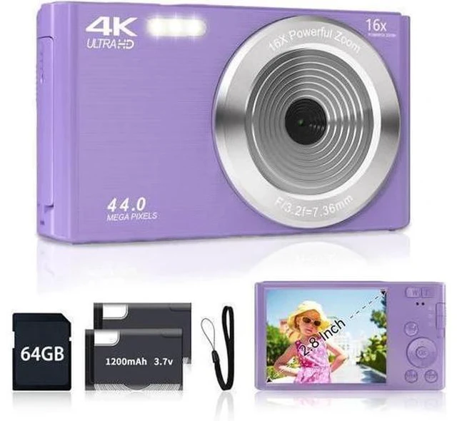 Main image of Digital Camera for Teens, FHD 4K 44MP Digital Camera Purple with 64GB SD Card 16X Digital Zoom, Cameras for Photography Compact Point and Shoot Camera for Teen Boys Girls Kids Camera Digital