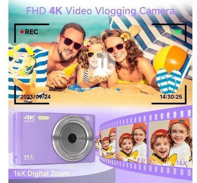 Alt view image 3 of 7 - Digital Camera for Teens, FHD 4K 44MP Digital Camera Purple with 64GB SD Card 16X Digital Zoom, Cameras for Photography Compact Point and Shoot Camera for Teen Boys Girls Kids Camera Digital