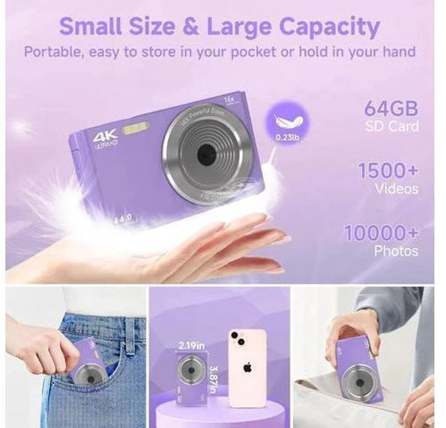 Alt view image 6 of 7 - Digital Camera for Teens, FHD 4K 44MP Digital Camera Purple with 64GB SD Card 16X Digital Zoom, Cameras for Photography Compact Point and Shoot Camera for Teen Boys Girls Kids Camera Digital