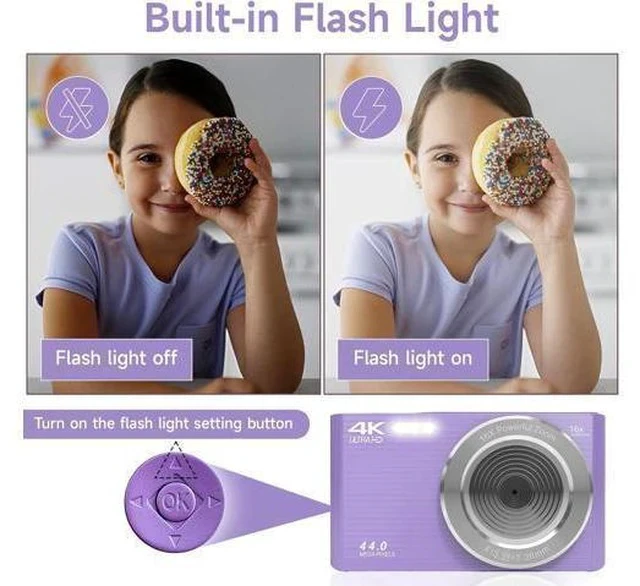 Alt view image 7 of 7 - Digital Camera for Teens, FHD 4K 44MP Digital Camera Purple with 64GB SD Card 16X Digital Zoom, Cameras for Photography Compact Point and Shoot Camera for Teen Boys Girls Kids Camera Digital