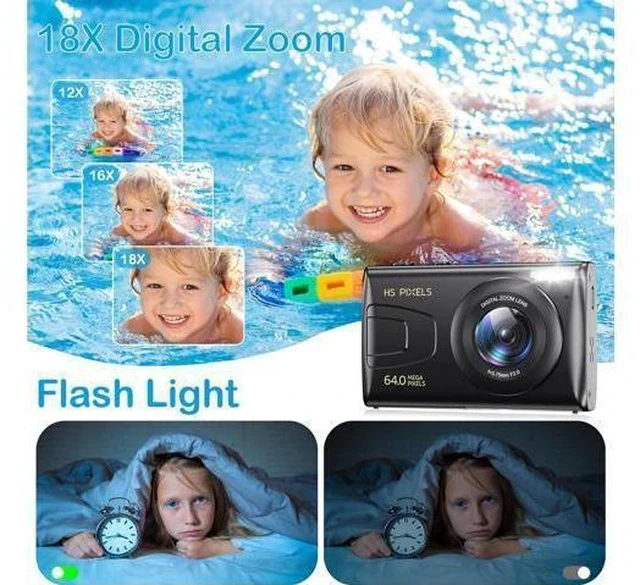 Alt view image 3 of 7 - Digital Camera, 4K Kids Camera for Photography, 64MP MP3 Player Compact Video Camera 18X Digital Zoom Vlogging Camera for YouTube, Auto Focus Point and Shoot Digital Cameras Gift for Students Teens