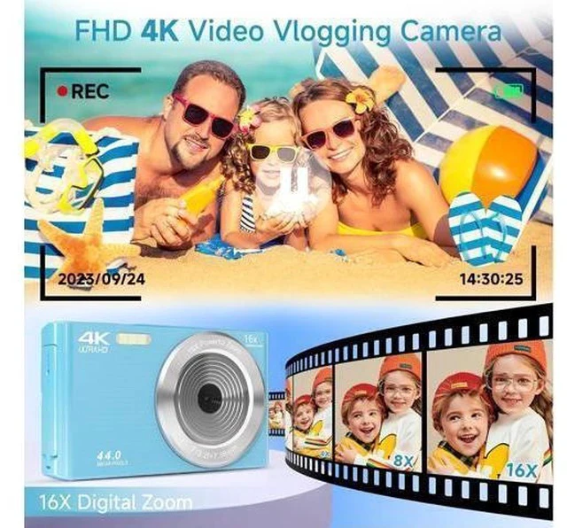 Alt view image 3 of 7 - Digital Camera for Teens, FHD 4K 44MP Digital Camera Autofocus with 64GB SD Card 16X Zoom, Cameras for Photography Compact Point and Shoot Camera for Teen Boy Girl Kids Camera Beginner