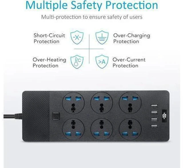Alt view image 4 of 7 - Universal Power Strip, Jumpso 6ft Extension Cord with Multiple Outlets, 110-240v, 3000w Power Strip with USB Ports European Travel Plug Adapter Wall Mount Power Strip for Home Office Cruise, Black