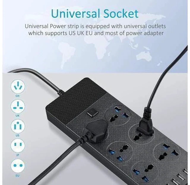 Alt view image 2 of 7 - Universal Power Strip, Jumpso 6ft Extension Cord with Multiple Outlets, 110-240v, 3000w Power Strip with USB Ports European Travel Plug Adapter Wall Mount Power Strip for Home Office Cruise, Black