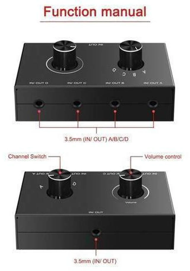 Alt view image 2 of 7 - 4 Port Audio Switch, 3.5mm Audio Switcher, Stereo AUX Audio Selector, 4 Input 1 Output / 1 Input 4 Output Audio Splitter Switcher, Audio Switcher Box, 4 channel switch knob, No External Power Required