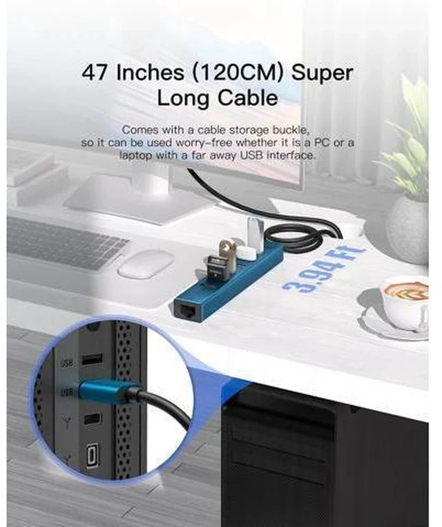 Alt view image 2 of 7 - 7 Ports USB 3.0 Hub, USB to Network HUB with 3.9ft Long Cable for Laptop, USB Splitter with Gigabit Ethernet Port and 5V/3A Power Port, MultiPort Aluminum Hub for iMac, PC, Flash Drives (Blue)