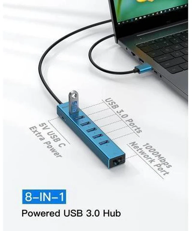 Alt view image 3 of 7 - 7 Ports USB 3.0 Hub, USB to Network HUB with 3.9ft Long Cable for Laptop, USB Splitter with Gigabit Ethernet Port and 5V/3A Power Port, MultiPort Aluminum Hub for iMac, PC, Flash Drives (Blue)