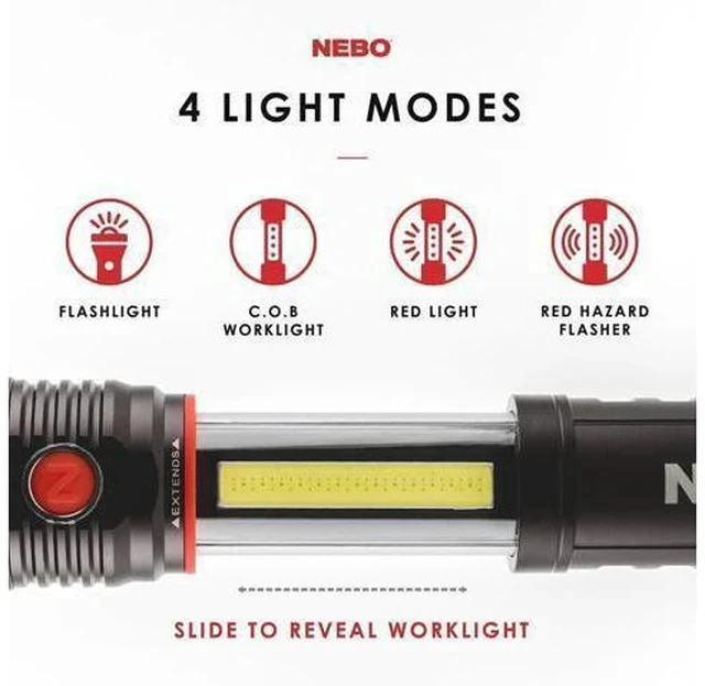 Alt view image 2 of 6 - NEBO SLYDE+ Tactical LED Flashlight, Powerful 400-Lumen Bright Camping Flashlight with Slide-To-Reveal Work Light, Red Hazard Light & Magnetic Base