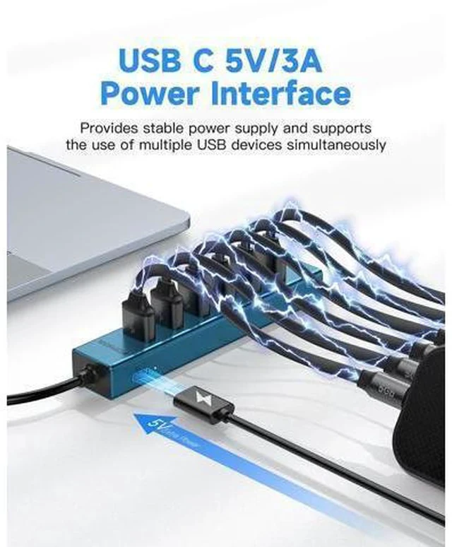 Alt view image 4 of 7 - 7 Ports USB 3.0 Hub, USB to Network HUB with 3.9ft Long Cable for Laptop, USB Splitter with Gigabit Ethernet Port and 5V/3A Power Port, MultiPort Aluminum Hub for iMac, PC, Flash Drives (Blue)