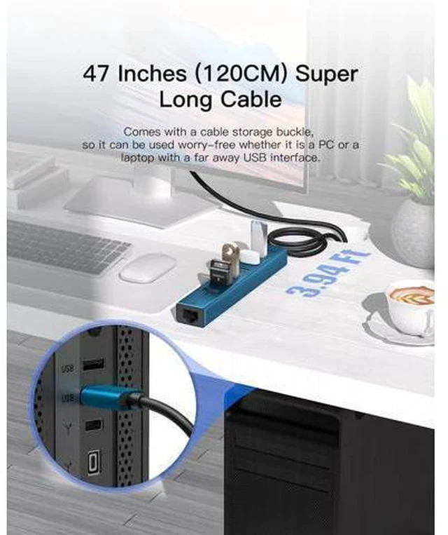 Alt view image 7 of 7 - 7 Ports USB 3.0 Hub, USB to Network HUB with 3.9ft Long Cable for Laptop, USB Splitter with Gigabit Ethernet Port and 5V/3A Power Port, MultiPort Aluminum Hub for iMac, PC, Flash Drives (Blue)