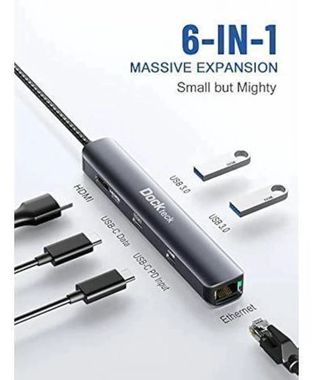 Alt view image 2 of 6 - USB C Hub Ethernet,6 in 1 Laptop Docking Station, Dockteck USB C Multiport Adapter with 4K@60Hz HDMI, 100W PD, 1Gbps LAN, 2 USB 3.0 for MacBook Pro/Air, Surface Pro, XPS and More
