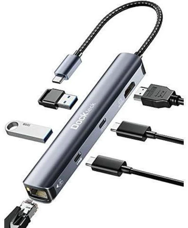 Alt view image 6 of 6 - USB C Hub Ethernet,6 in 1 Laptop Docking Station, Dockteck USB C Multiport Adapter with 4K@60Hz HDMI, 100W PD, 1Gbps LAN, 2 USB 3.0 for MacBook Pro/Air, Surface Pro, XPS and More