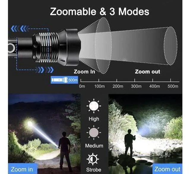 Alt view image 3 of 6 - Rechargeable LED Flashlights, 100000 High Lumens Super Bright Flashlights with 3 Modes Waterproof Zoomable Flash Light for Outdoor Emergency