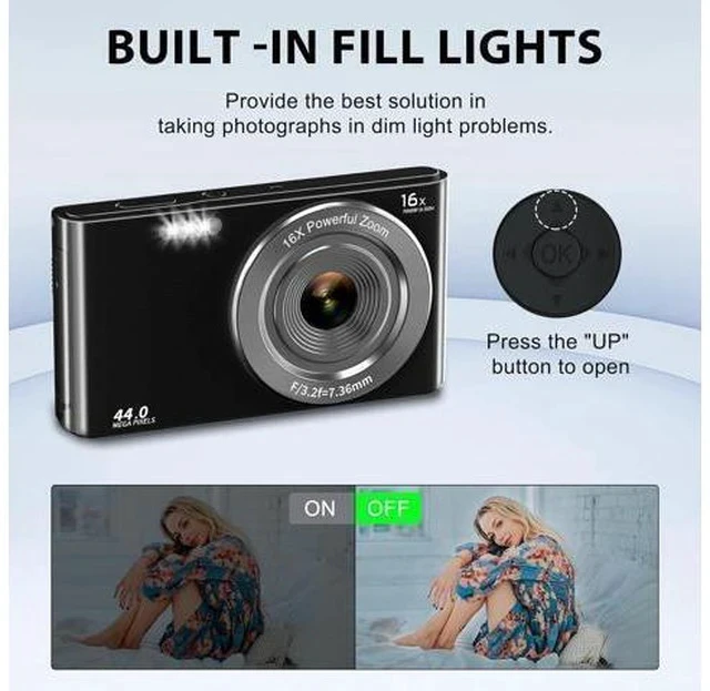 Alt view image 5 of 7 - Digital Camera Cheap, UIKICON 4K 44MP Kids Camera with 32GB SD Card, 2.4 Inch Point and Shoot Camera with 16X Digital Zoom, Compact Camera for Kids Teens Boys Girls Adults Seniors(X3-Black1)