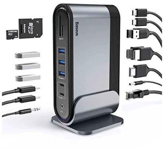 Alt view image 3 of 3 - baseus 17-in-1 usb c docking station to cast on 3 monitors, 4k usb c dock laptop docking station with 100w pd usb-c port, 4k hdmi*3, usb 3.0*5, lan, sd/tf cards reader, audio port for windows, mac