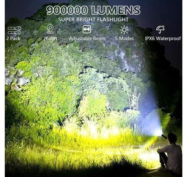 Alt view image 2 of 7 - Flashlights High Lumens Rechargeable, 2 Pack Flash Light 990000 Lumen Super Bright Led Flashlight with ATTERY, 5 Modes, IPX6 Waterproof