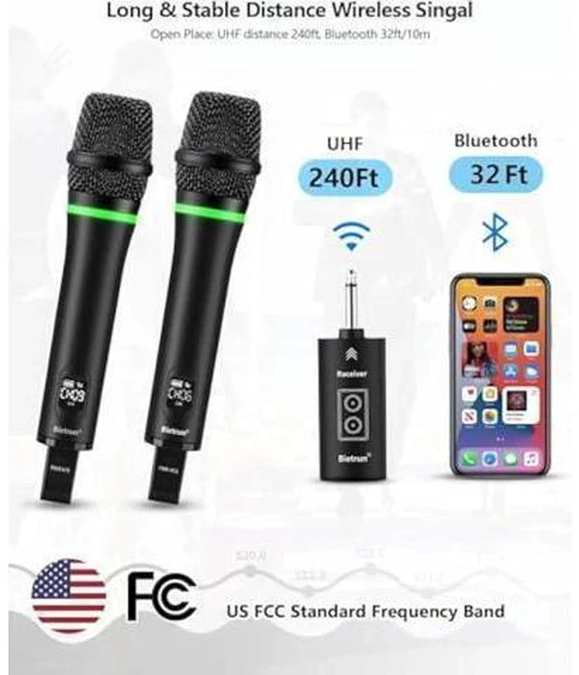 Alt view image 2 of 5 - Bietrun Rechargeable Wireless Microphone, Dual Metal Cordless Handheld Dynamic Wireless Mics with 1/4'' Output for Karaoke, Meeting, Singing, Church, Wedding(UHF 240ft Range)(Receiver with Bluetooth)