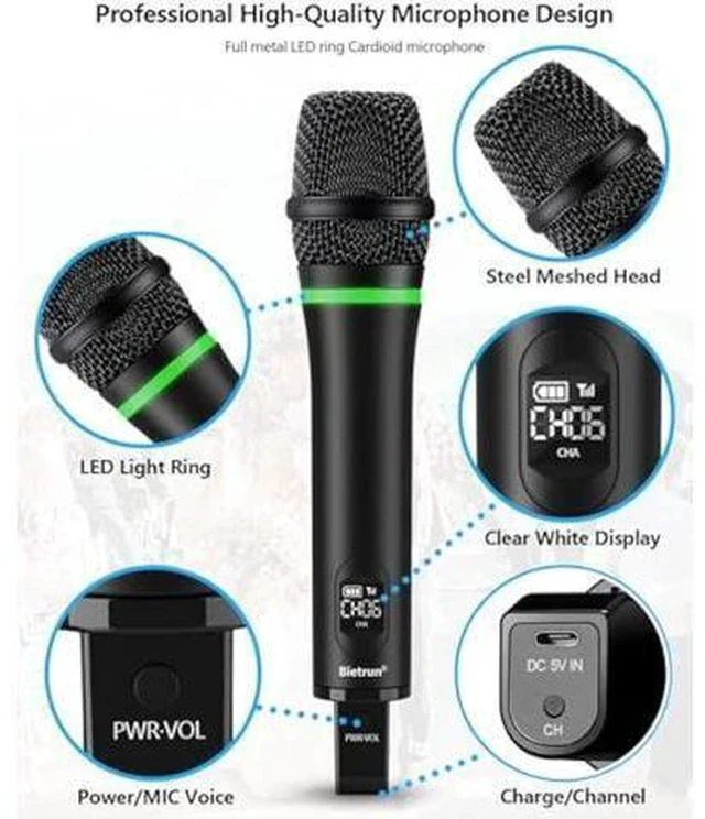 Alt view image 5 of 5 - Bietrun Rechargeable Wireless Microphone, Dual Metal Cordless Handheld Dynamic Wireless Mics with 1/4'' Output for Karaoke, Meeting, Singing, Church, Wedding(UHF 240ft Range)(Receiver with Bluetooth)