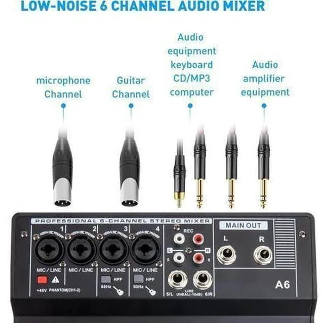 Alt view image 3 of 7 - 6 Channel Audio Mixer - Portable Digital Line Mixer Console Build-in 24 DSP Effects BT Function 48V Phantom Power for Karaoke Streaming by YOUSHARES