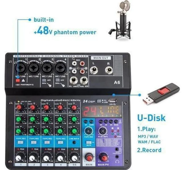 Alt view image 4 of 7 - 6 Channel Audio Mixer - Portable Digital Line Mixer Console Build-in 24 DSP Effects BT Function 48V Phantom Power for Karaoke Streaming by YOUSHARES