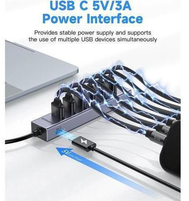 Alt view image 4 of 7 - 7 Ports USB3.0 Hub USB Ethernet HUB with 3.9ft Long Cable for Laptop USB Splitter with Gigabit Ethernet Port and 5V/3A Power Port MultiPort Aluminum Expander for Laptop iMac PC Flash Drives