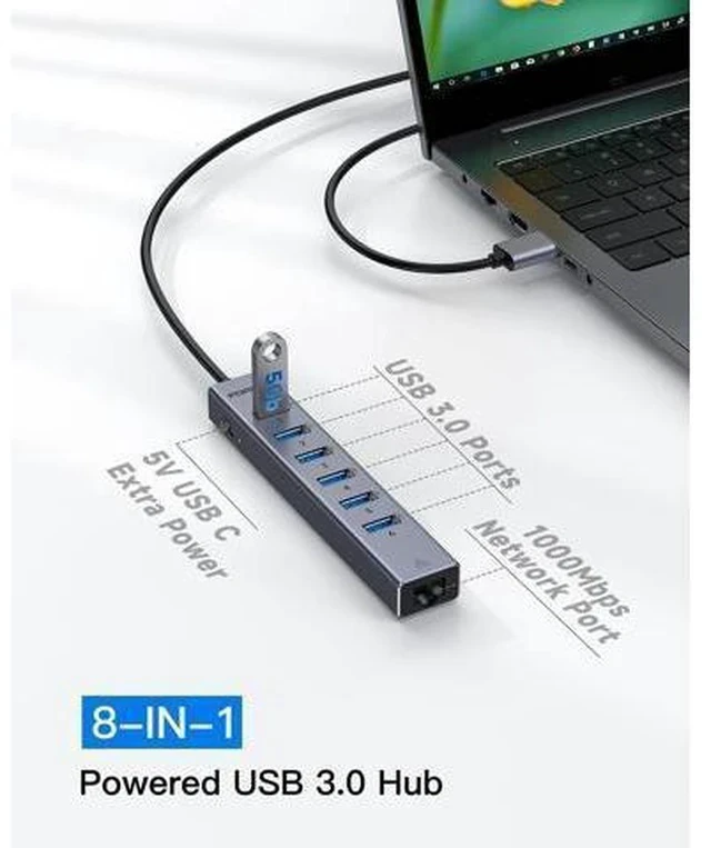 Alt view image 3 of 7 - 7 Ports USB3.0 Hub USB Ethernet HUB with 3.9ft Long Cable for Laptop USB Splitter with Gigabit Ethernet Port and 5V/3A Power Port MultiPort Aluminum Expander for Laptop iMac PC Flash Drives