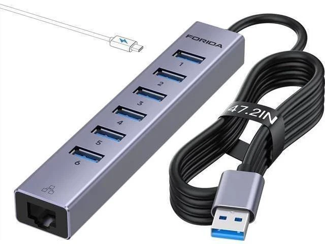 Main image of 7 Ports USB3.0 Hub USB Ethernet HUB with 3.9ft Long Cable for Laptop USB Splitter with Gigabit Ethernet Port and 5V/3A Power Port MultiPort Aluminum Expander for Laptop iMac PC Flash Drives
